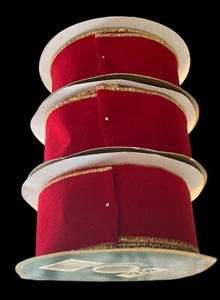 red Velvety ribbon wire gold edge All  Trimmings vtg new  20 yards X2.5” 3 Rolls - Picture 1 of 5