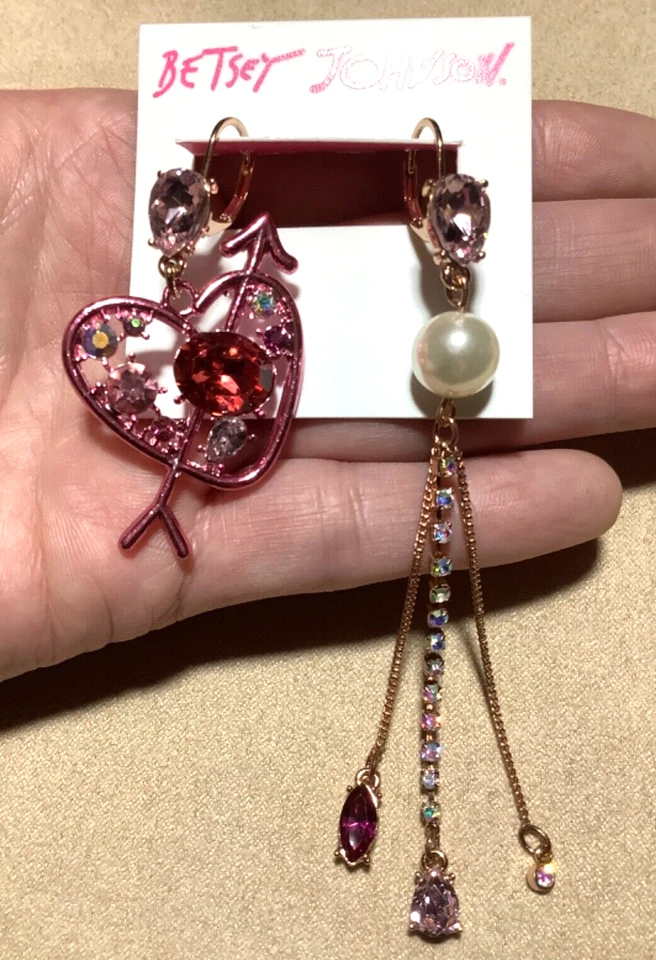 Betsey Johnson Heart Pearl Tassel Rhinestones Mismatch Earrings Retail