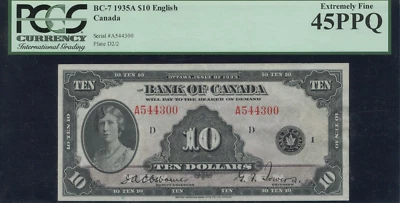 1935 Bank of Canada $10 - PCGS Extremely Fine 45 PPQ. S/N: A544300/D - Image 1 of 2