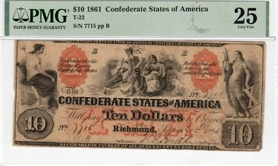 T-22 PF-1 $10 Confederate Paper Money 1861 - PMG Very Fine 25 - Image 1 of 2