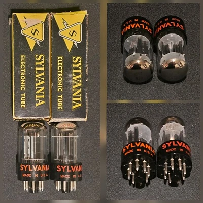 SYLVANIA 6SN7 GTB 1960s RED LABEL BLACK BASE CHROMED TOP HALOS MATCHING SET NIB - Image 1 of 4