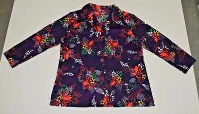 Vintage Shirt Size M/L 60s Mod Plum Orange Floral Collared Poly Knit - Image 1 of 4