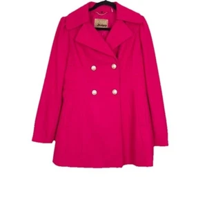 Guess Los Angeles Hot Pink Wool Blend Pea Coat Gold Buttons Feminine Cut SZ S - Picture 1 of 8