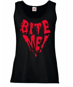 Womens Bite Me Vampire Dracula Halloween Horror Quote Lady Fit Black Vest Top - Picture 1 of 8