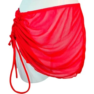 Short Sarong Bikini Wrap Cover Up Sz S Red Sheer Mesh Pullover Ruched Drawstring - Imagen 1 de 8