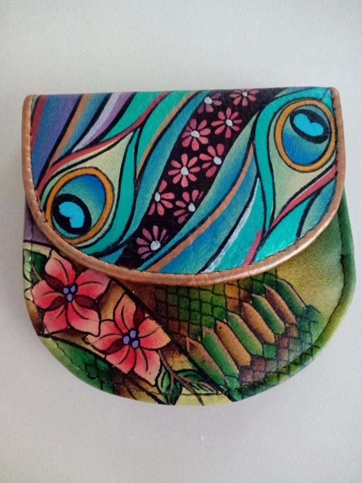 Anuschka Leather Wallet - Gorgeous Hand-Painted Floral & Peacock Design - Image 1 of 4
