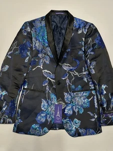 Retro Paris Men’s Size 36R/30 Slim Fit Royal Black & Blue Flower Satin Blazer - Picture 1 of 12