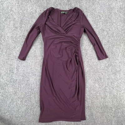 Lauren Ralph Lauren Dress Womens 2 Purple Ruched Faux Wrap Long Sleeve Midi - Image 1 of 4