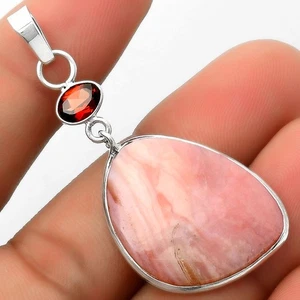 Natural Pink Opal Australia & Garnet 925 Sterling Silver Pendant Jewelry P-1098 - Picture 1 of 5