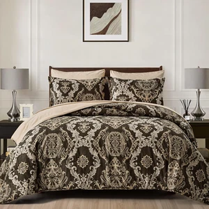 7-Piece King Comforter Set Damask Brown Soft Microfiber Bedding for All Seasons - Picture 1 of 11