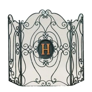 Monogrammed Scroll Bronze Iron Fireplace Screen Antique Style Arch Firescreen - Picture 1 of 2