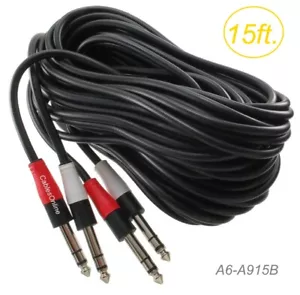 15ft Dual 1/4" Stereo TRS Male to Male Shielded Instrument Pro Audio Cable - Picture 1 of 3