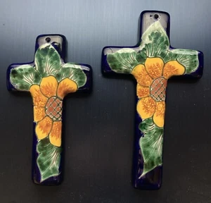 Signed Mexico TALAVERA Cross Hand Made Mexican Folk Art Pottery Wall Decor - Picture 1 of 7