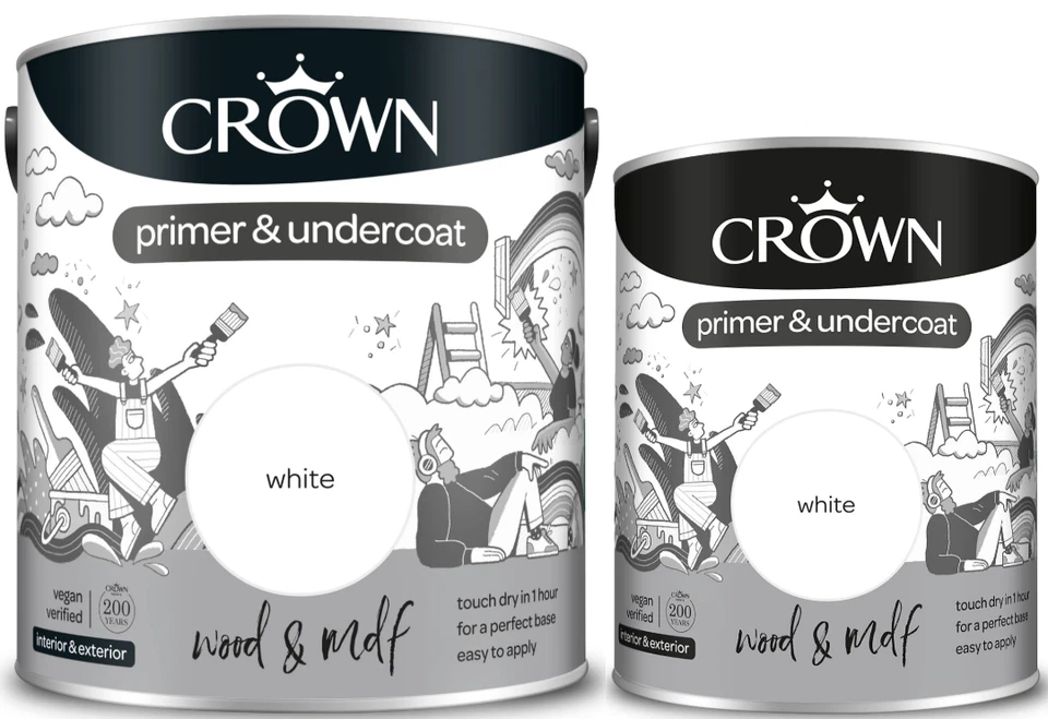 Crown Primer Undercoat Paint Wood & MDF White 750ml/2.5L - Image 1 of 1