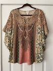Chicos Medallion Flutter-Sleeve Top Womens 3 US XL Lace Up Tassel Blouse Floral