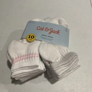 Cat & Jack Kids Socks White Small Shoe Size 5.5-8.5 Ankle Socks Pack of 10 New - Picture 1 of 6