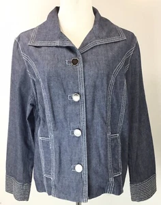 CHICO’S Size 2 Button Front Jacket Blue Pockets 100% Cotton Casual - Picture 1 of 4