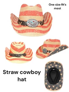 Adlersterne Streifen Flagge COWBOY RODEO MÜTZE STROHSTIL COWBOY Einheitsgröße Fix's Most - Bild 1 von 2