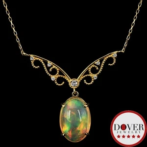 Estate Diamond 3.59cts Opal 18K Gold Cabochon Drop Necklace 2.6 Grams NR - Picture 1 of 6