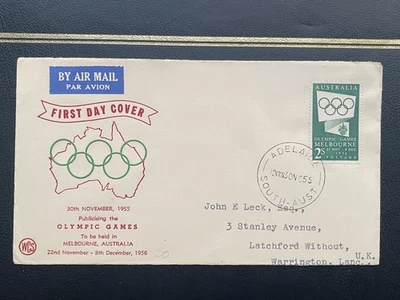 Australia 1955 Melbourne Olympics 2/- Green on WCS First Day Cover FDC to UK - Image 1 of 2