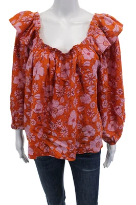 Blusa Top Free People Mujer Algodón Estampado Floral Fuera del Hombro Naranja Talla S Foto 1 de 4