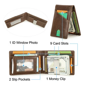 Contacts Men's Full Grain Cow Leather RFID Wallet Photo 9 Card Holder Money Clip - Picture 1 of 11