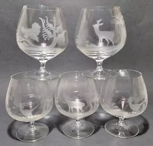 Bicchieri vintage cristallo brandy cognac sniffers fauna selvatica incisi lotto di 5 - Foto 1 di 16