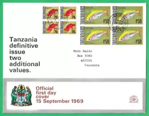 TANZANIA - TWO NEW DEFINITIVE ISSUE FISH FDC - 2 x BLOCKS OF 4 - 15th SEP 1969 - Picture 1 of 1