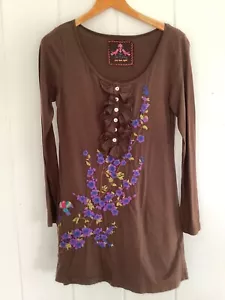 Johnny Was Top Womens Small Floral Embroidered Brown Boho JW Los Angeles - Picture 1 of 11