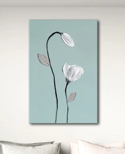 BEAUTIFUL DUCK EGG BLUE & WHITE FLOWERS PAINTING ZEN CANVAS PRINT HOME DECOR ART - Picture 1 of 3