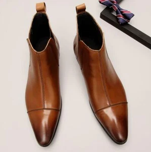 Men Pointed Toe Real Leather Ankle Boots Cuban Heel Business Shoes Chelsea Boots - Picture 1 of 12
