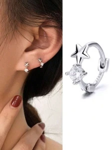 925 Sterling Silver Star Hoop Earrings,Silver Star Hoops, Gift Bag Included - Picture 1 of 6