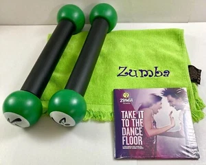 ZUMBA Lot 2 1lb Hand Shaker Weights, Green Zumba Hand Towel & New Latin Dance CD - Picture 1 of 17