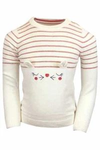 Girls Ex Mothercare Cream & Red Stripe Bunny Cotton Knitted Long Sleeve Jumper - Picture 1 of 4