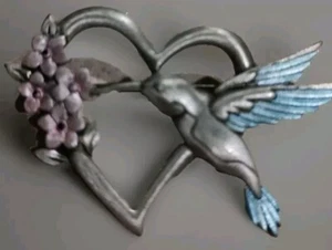 Vintage Pewter Blue Hummingbird Open Heart Pink Flower Bird Brooch Pin Signed JJ - Picture 1 of 10
