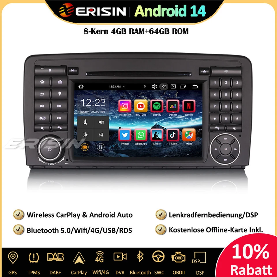 64GB DAB+Android 14 Autoradio GPS Für Mercedes R-Klasse W251 CarPlay Navi BT5.0 - Bild 1 von 4