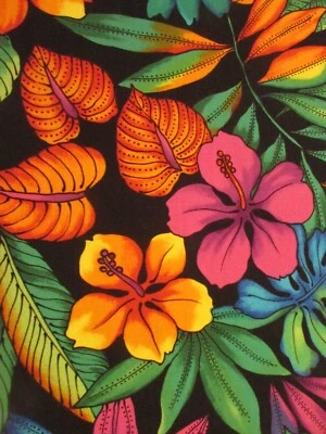 Tex Styles cotton fabric tropical colorful flowers  on black BTP 44W x 35L - Image 1 of 4