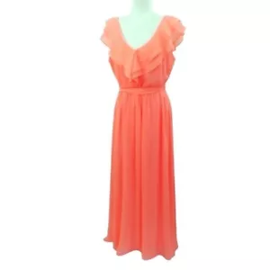 DKNY Chiffon Maxi Dress 14 Coral V-Neck Flounce Flutter Sleeve Lined Tie Waist - Picture 1 of 12