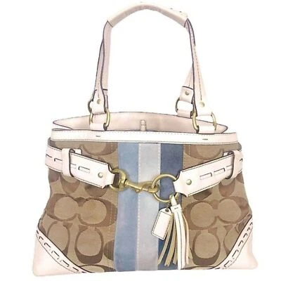 Bolso de Mano HAMPTON Coach Signature Monograma Azul Gamuza Cuero Blanco 7031 Foto 1 de 4