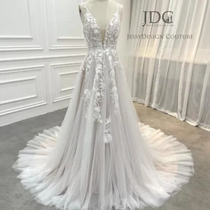Floral Spitze Brautkleid Hochzeitskleid Ivory Champagner 34-60 Rückenfrei Träger - Bild 1 von 9
