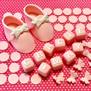 Edible BOOTIES BLOCKS BUTTERFLIES fondant Christening Baby Shower Cake Topper - Picture 1 of 20