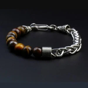 Tiger Eye 8mm Bracelet For Men. Stainless Steel Chain, 18cm Long, Gift - Picture 1 of 4