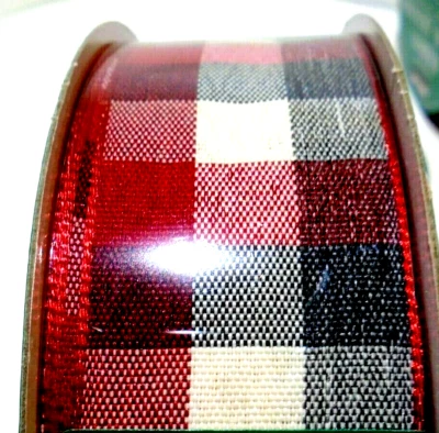 Red Black White Buffalo Plaid 1.5" x 5 yd Wired Ribbon Big Checks Country Farm - Image 1 of 4