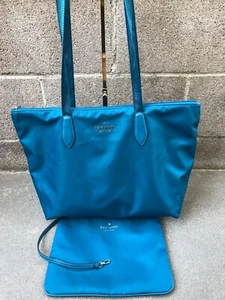 KATE SPADE New York Kitt Packable Tote Bag With Pouch Purse Nylon Blue Zipper - Picture 1 of 14