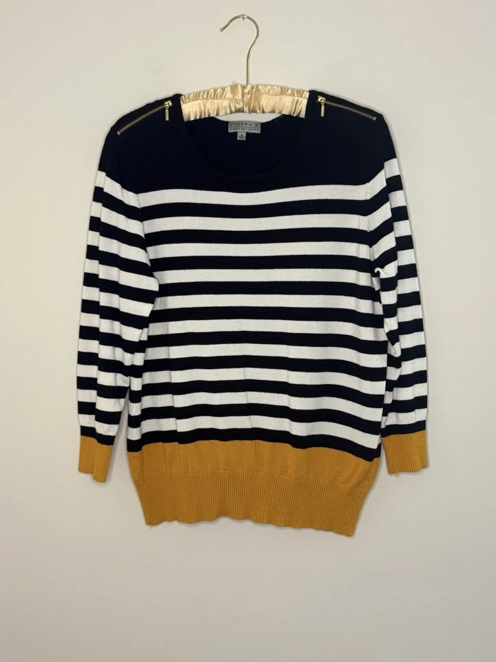 Joseph A Women Size Medium Sweater Top Black White Yellow Striped Fall Preppy A5 - Image 1 of 4