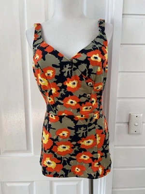BEACHFLOWER Vintage 70s Orange Floral One Piece Skirt Front Swimsuit -Size 10-12 - Image 1 of 4