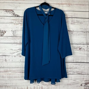 Women Susan Graver Blue Liquid Knit Chiffon Overlay Peplum Tie Neck Tunic Top 2X - Picture 1 of 8