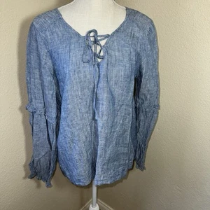Women’s Tunic Top 100% Linen Chambray Long Sleeve Chest Tie V Neck - Picture 1 of 4
