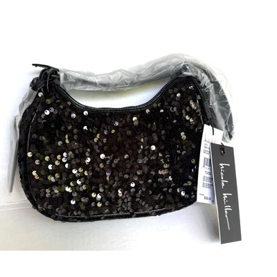 Nicole Miller SEQUIN MINI HANDBAG Black Buckle Shoulder Purse Zip Evening Bag - Image 1 of 4