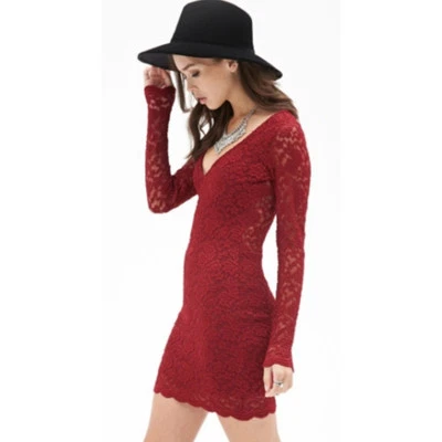 Forever 21 Red Lace Long Sleeve V-Neck Bodycon Semi Sheer Mini Dress Women's L - Изображение 1 из 4